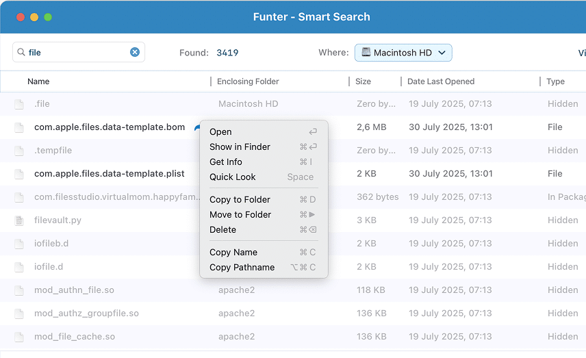 Context menu in smart search window