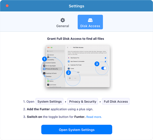 Funter preferences showing the Disk Access tab