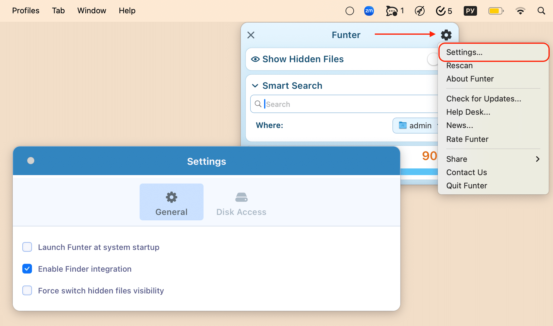 Funter Settings showing Enable Finder Integration option