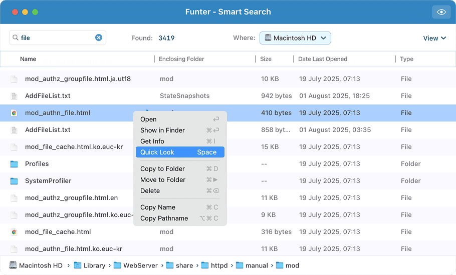 View options in Funter