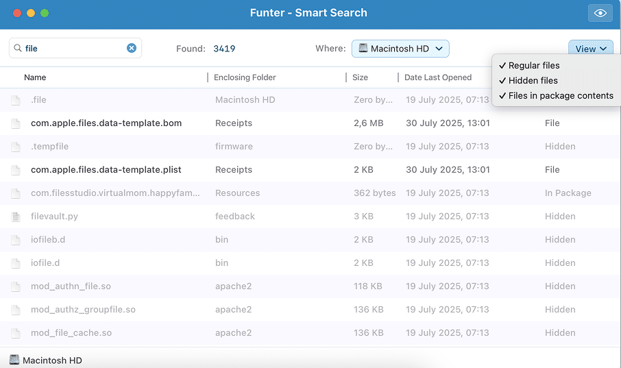 View options in Funter