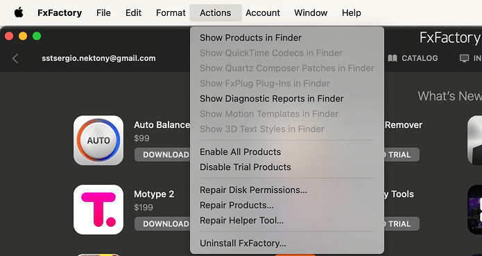 FxFactory Actions menu with Uninstall option