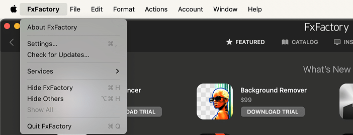 FxFactory menu with Quit option