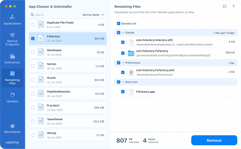 App Cleaner & Uninstaller Remaining Files tab