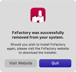 FxFactory uninstall confirmation window