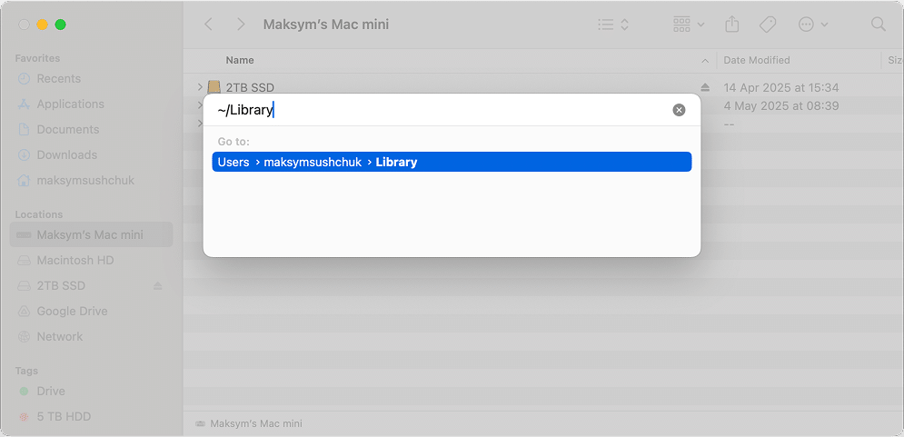 The Go to folder window in Finder