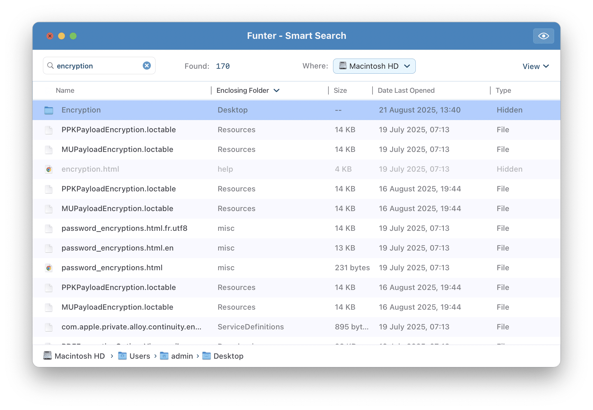 Funter window showing search results