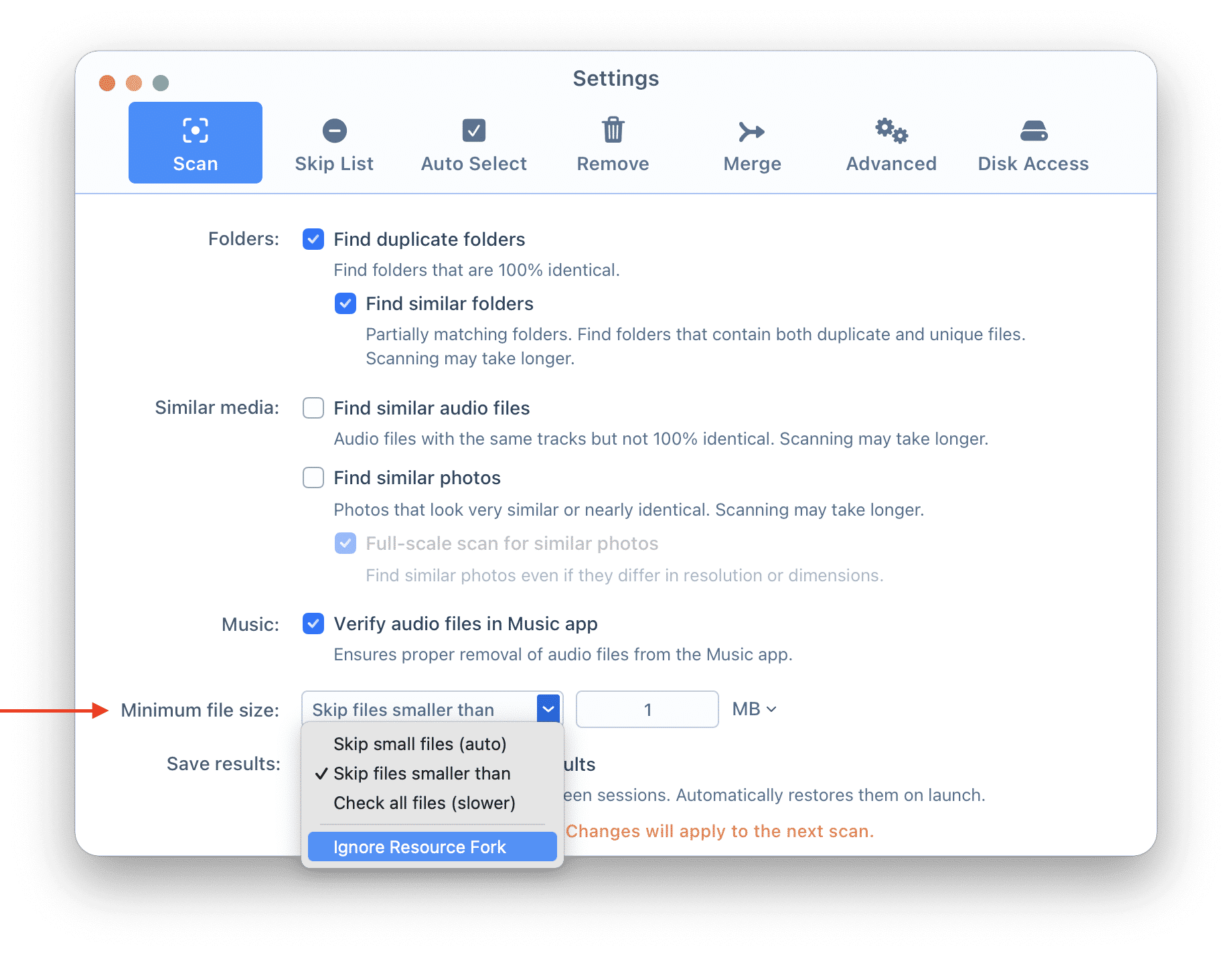Settings window for Duplicate File Finder