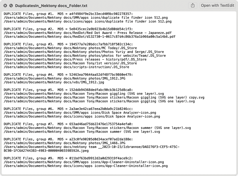 Text file showing the list of duplicates