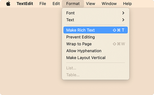 The TexEdit menu showing the Rich Text option