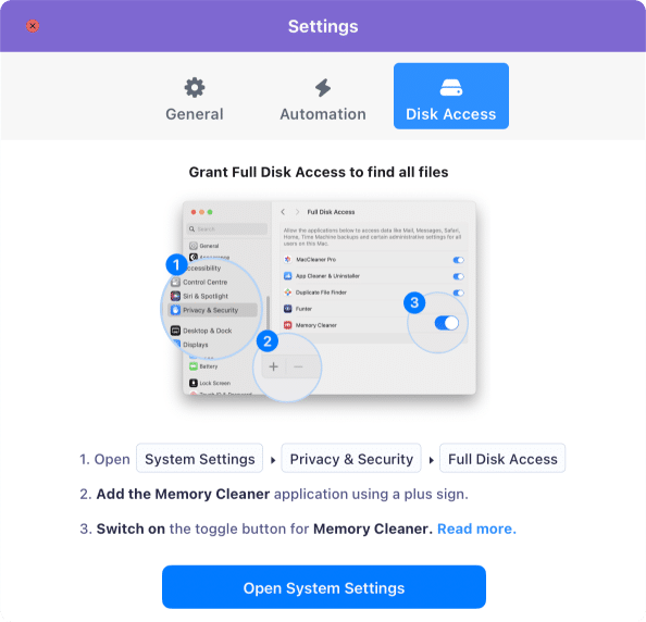 memory cleaner preferences showing the Disk Access tab