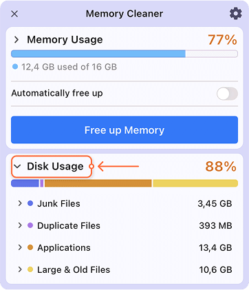 memory cleaner showing disk usage