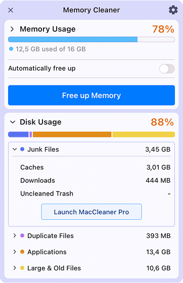 alt - memory cleaner showing junk files