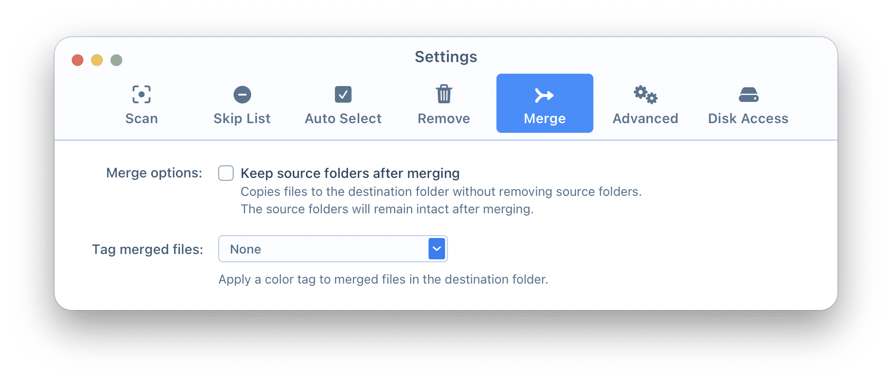 Duplicate Finder preferences showing the Merge tab