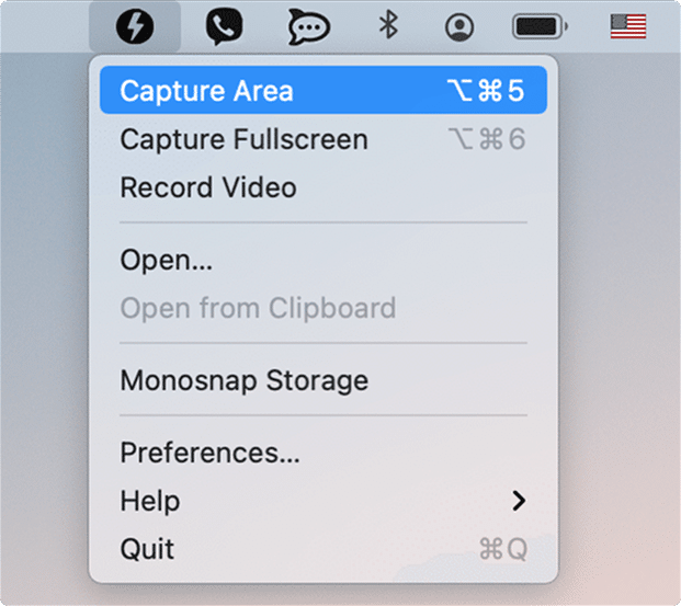 Monosnap drop down menu on the menu bar