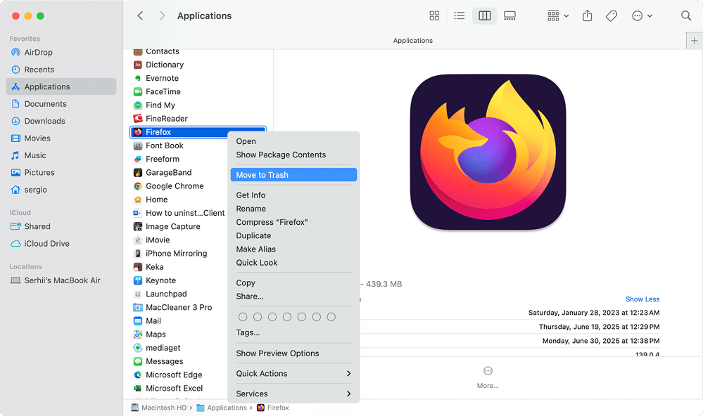 Firefox in the Applications folder