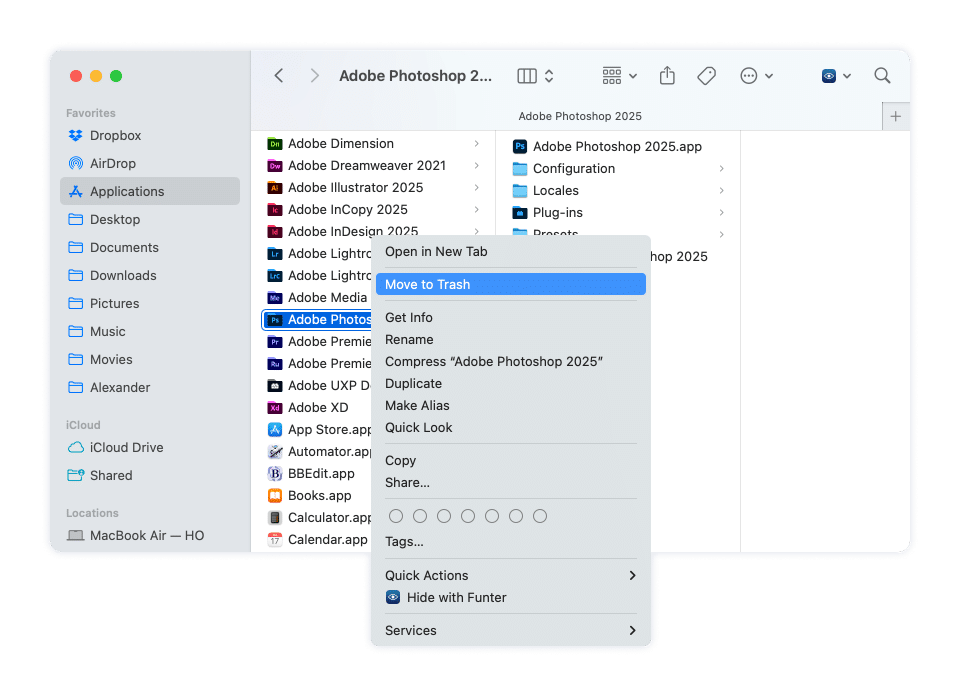 The Move to Trash option for Adobe Photoshop 2025 folder