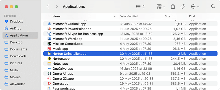 Norton Uninstaller in the Applications folder