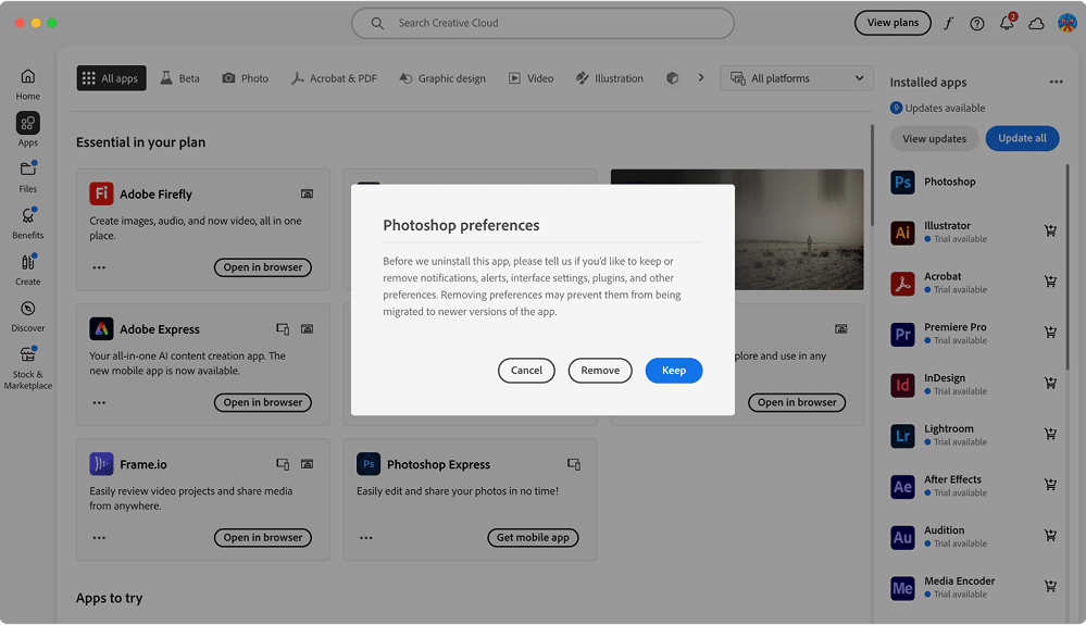 Creative Cloud dialogue when removing Adobe Photoshop