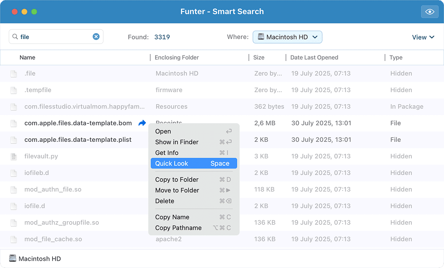 Funter window showing icons to open a file