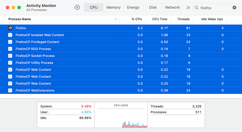 Activity Monitor showing Firefox processes