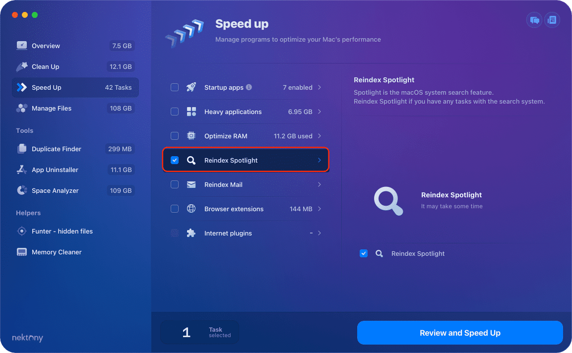 MacCleaner showing how to reindex spotlight