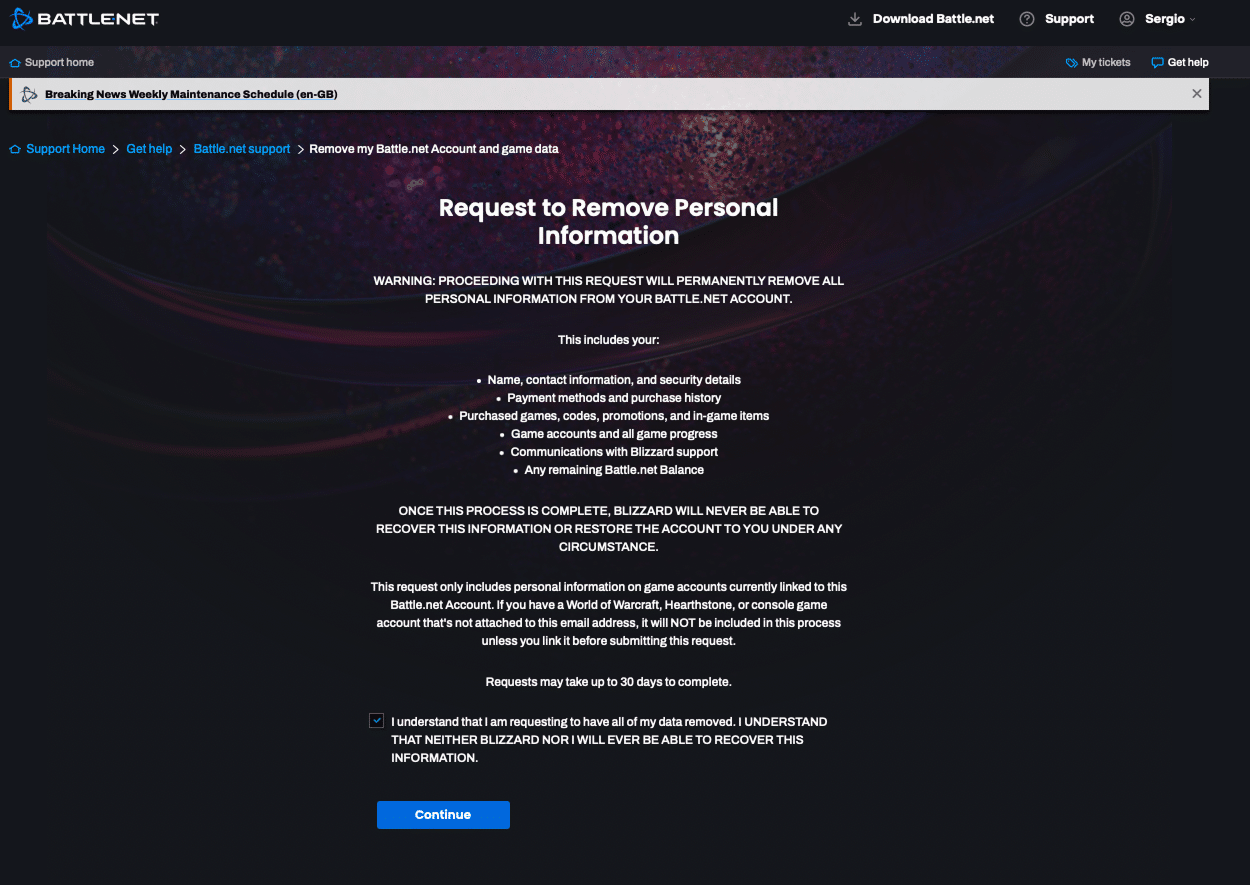 Battle.net window showing request to remove personal information