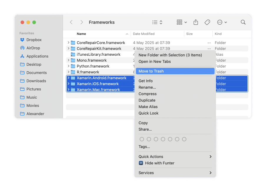Remove frameworks