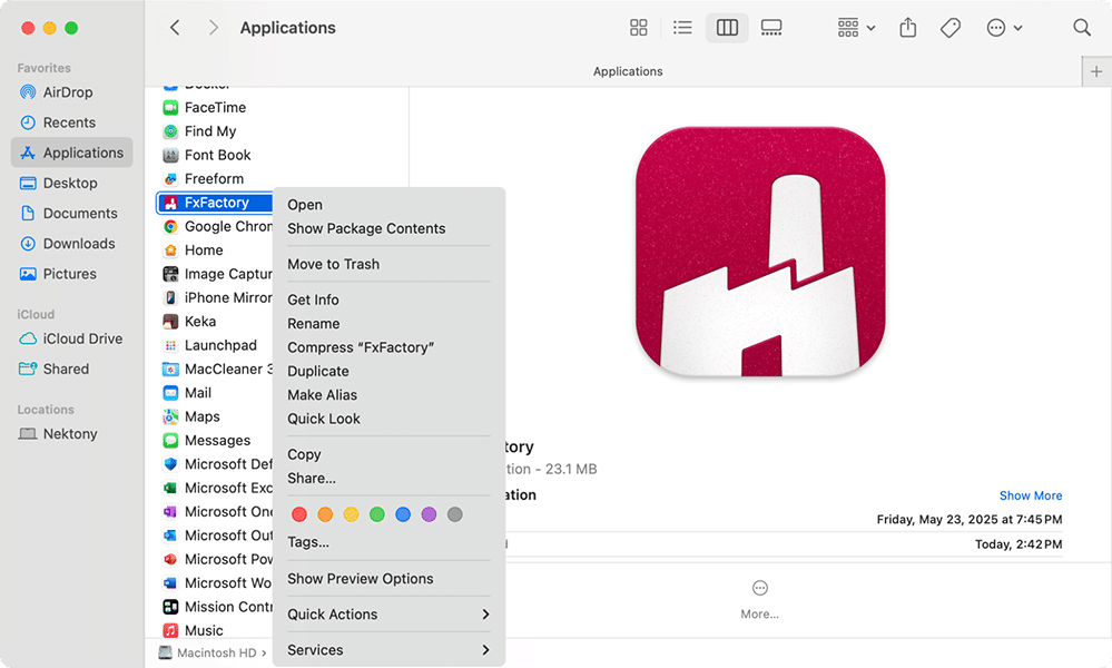 Finder Applications folder with FxFactory