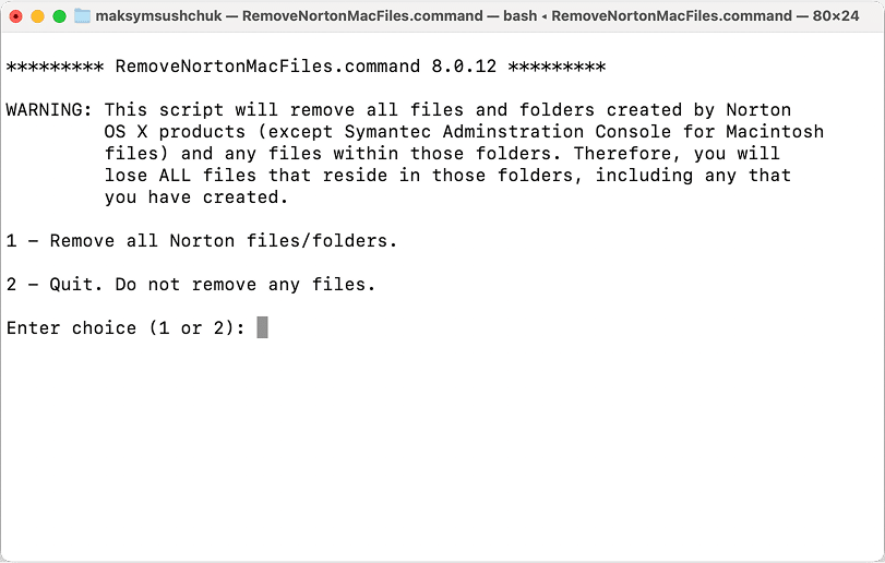 the RemoveNortonMacFiles.command launched in Terminal