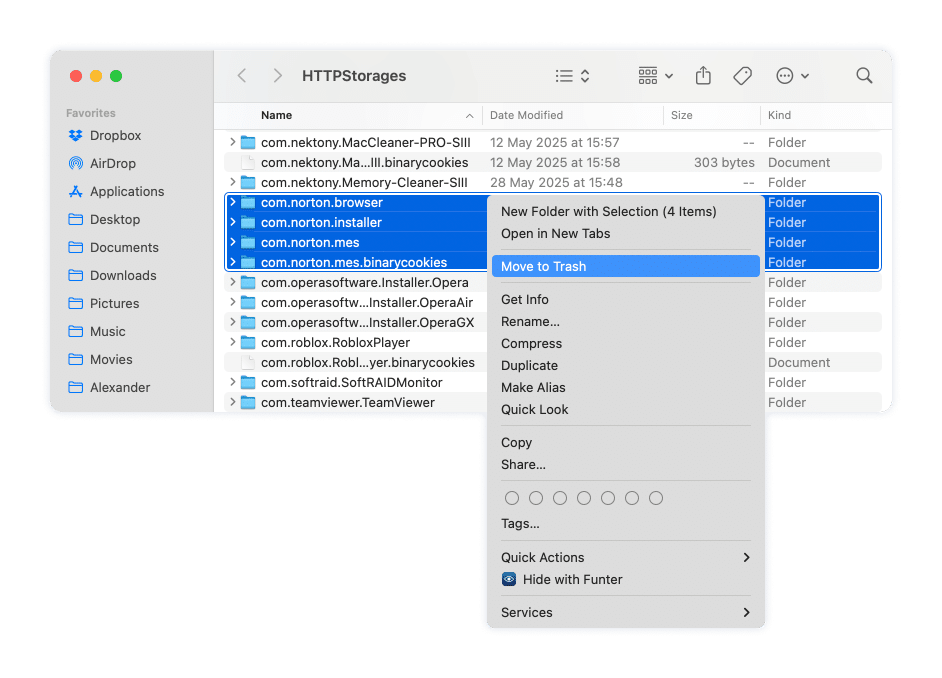 Norton files in the ~/Library/HTTPStorages/ folder