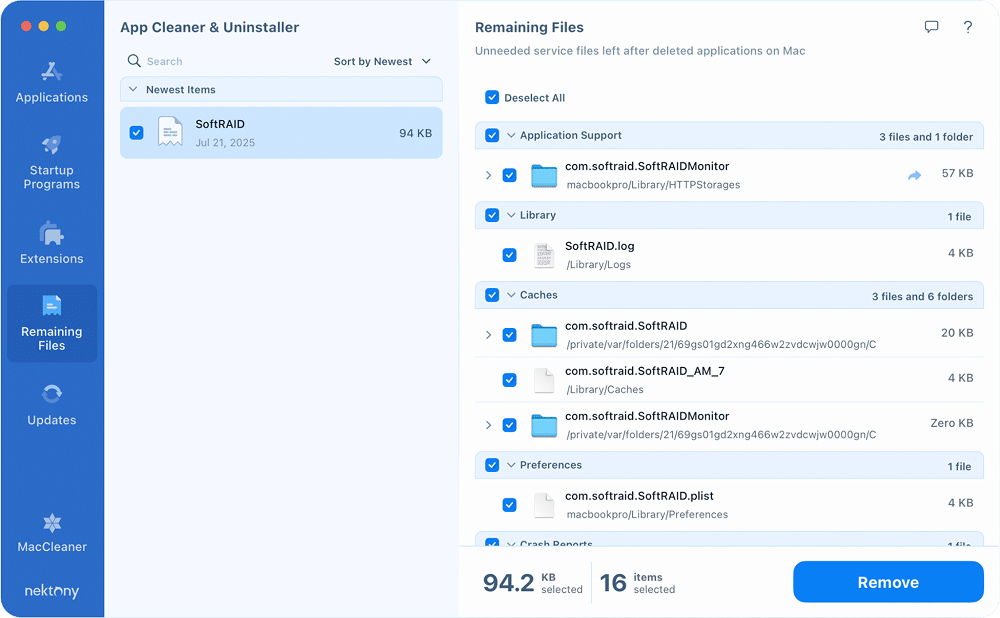 Remaining Files Windown in App Cleaner & Uninstaller