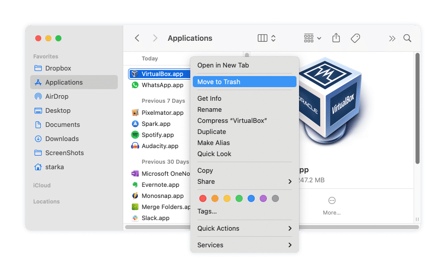 removing VirtualBox from the Applications folder