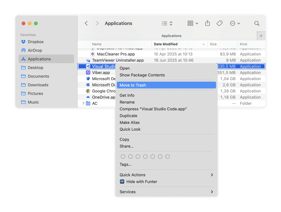 In Finder, go to your Applications folder and move Visual Studio.app to the Trash.