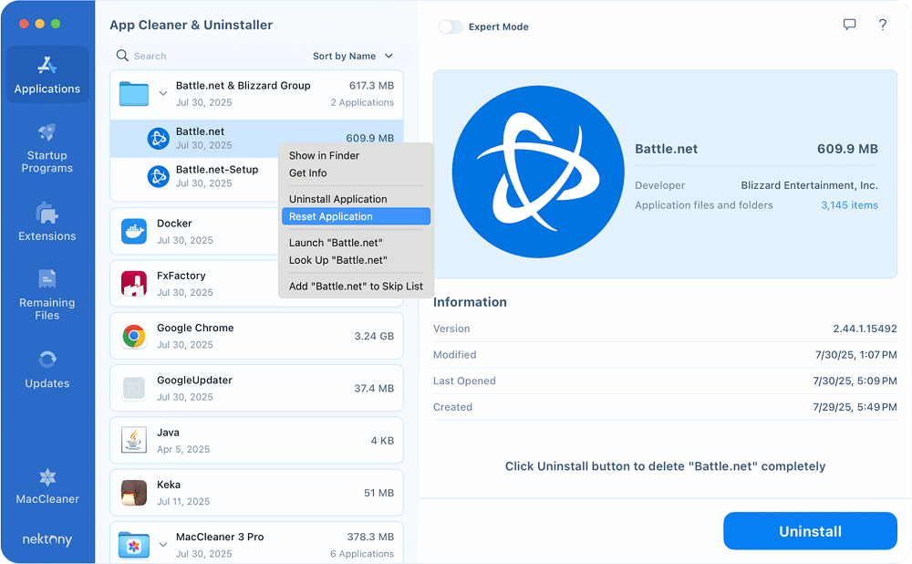 Battle.net in the Applications tab in App Cleaner & Uninstaller