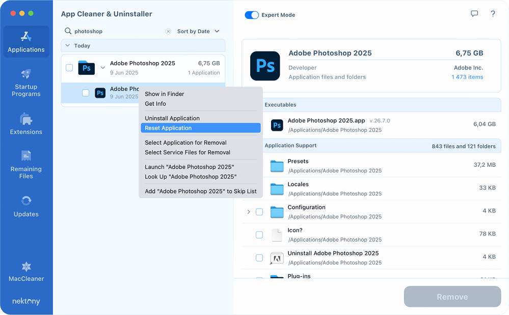 App Cleaner & Uninstaller also allows resetting Photoshop