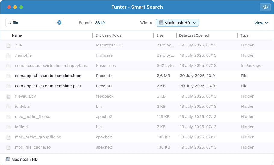 Funter showing the list of hidden files