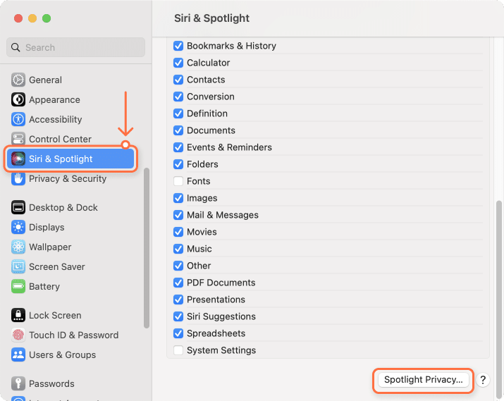 spotlight in system settings