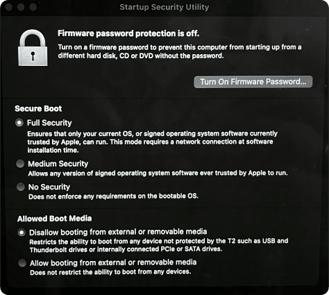 Startup Security Utility settings window