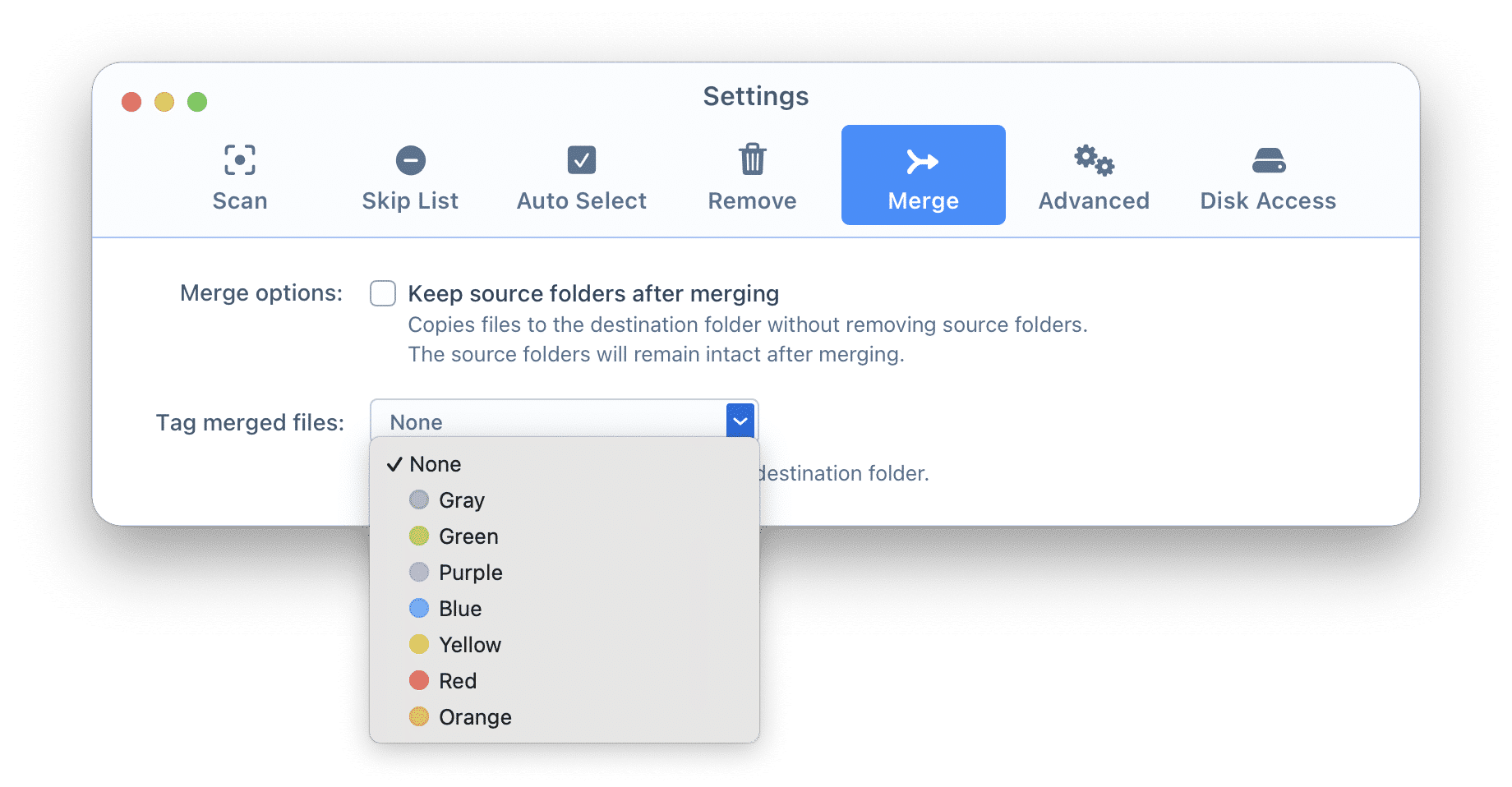 Duplicate File Finder Settings window showing how to add color tag to merged files