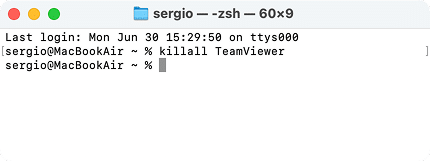 Terminal window showing a command to quite TeamViewer