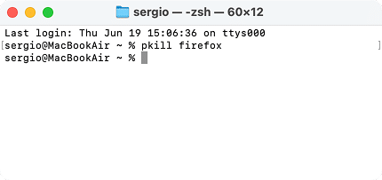 Terminal window showing a command to force quit Firefox