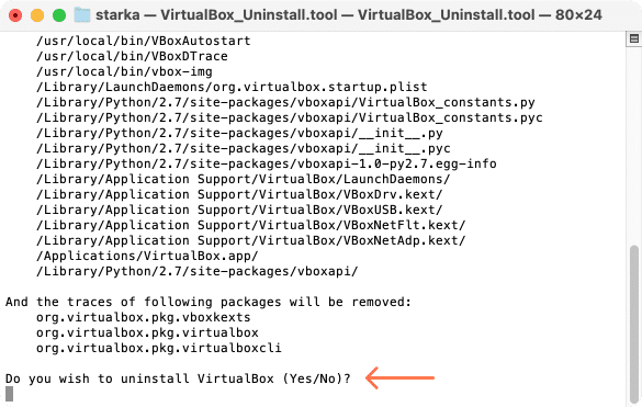 Terminal window showing uninstalling VirtualBox from Mac