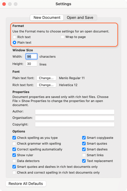 TexEdit settings window