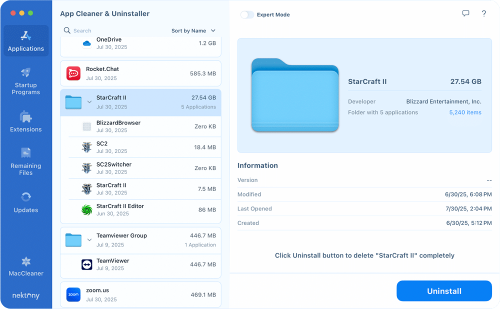 Uninstalling StarCraft2 with App Cleaner & Uninstaller