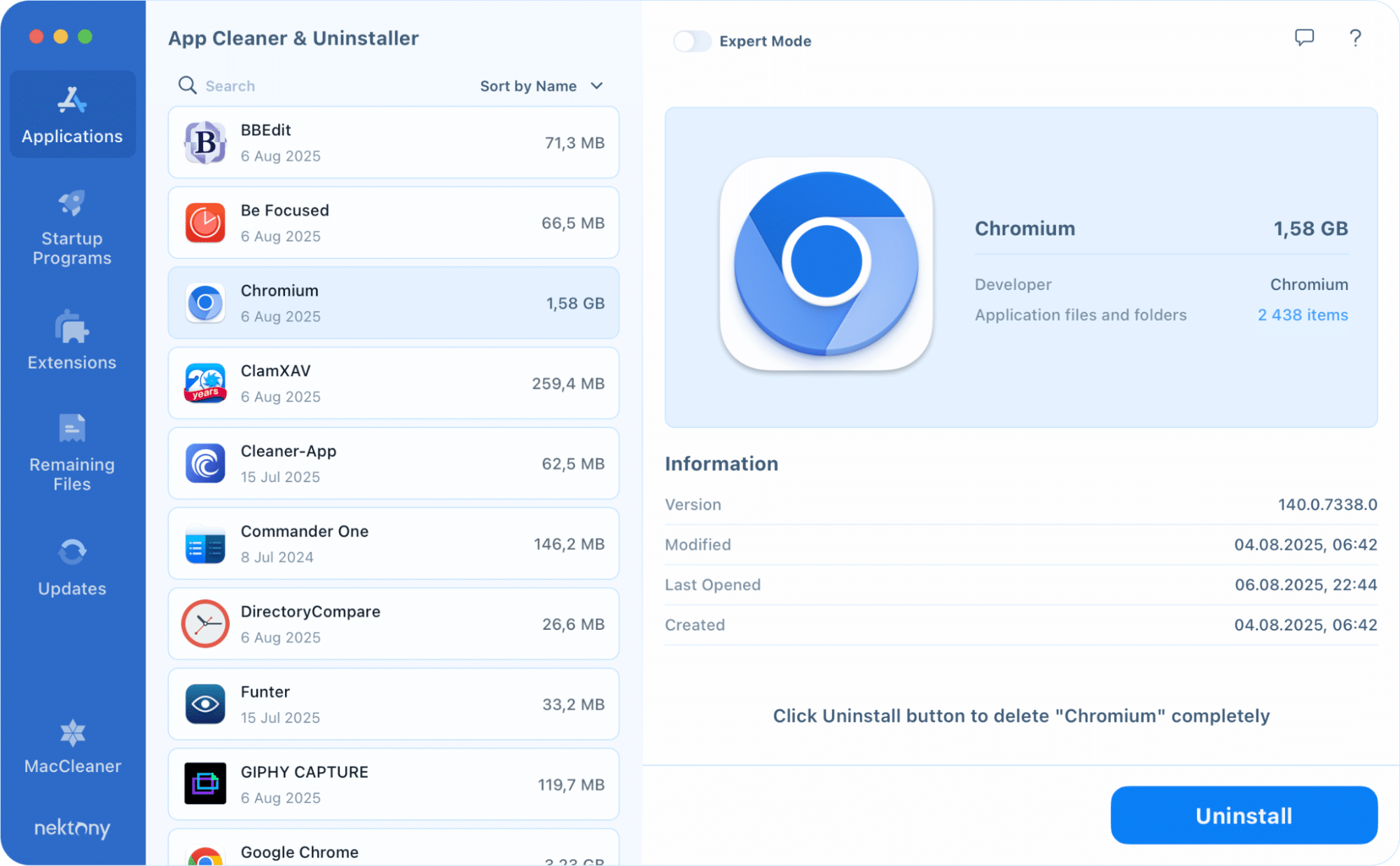 Uninstalling Chromium with App Cleaner & Uninstaller