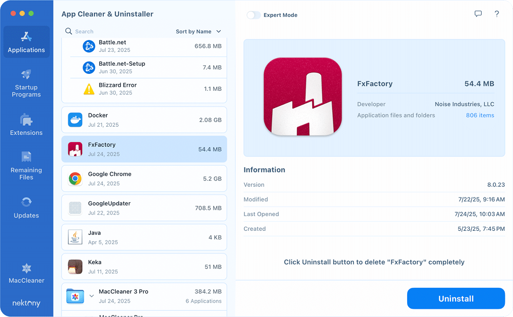 App Cleaner & Uninstaller FxFactory uninstall interface