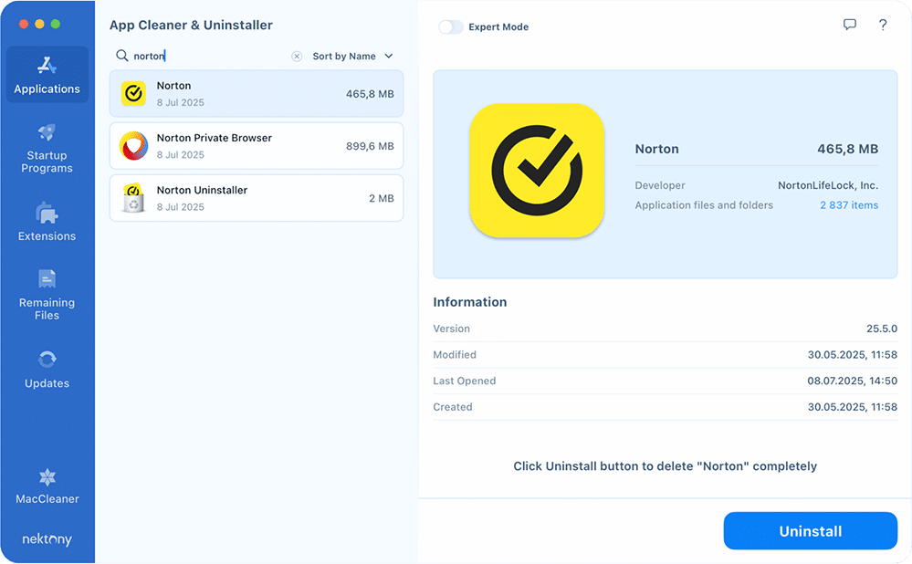Norton files shown in App Cleaner & Uninstaller