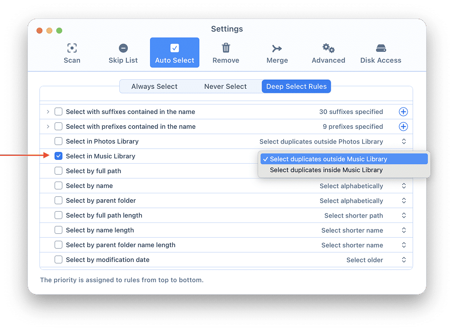Duplicate File Finder Preferences showing the Select in Music Library rule