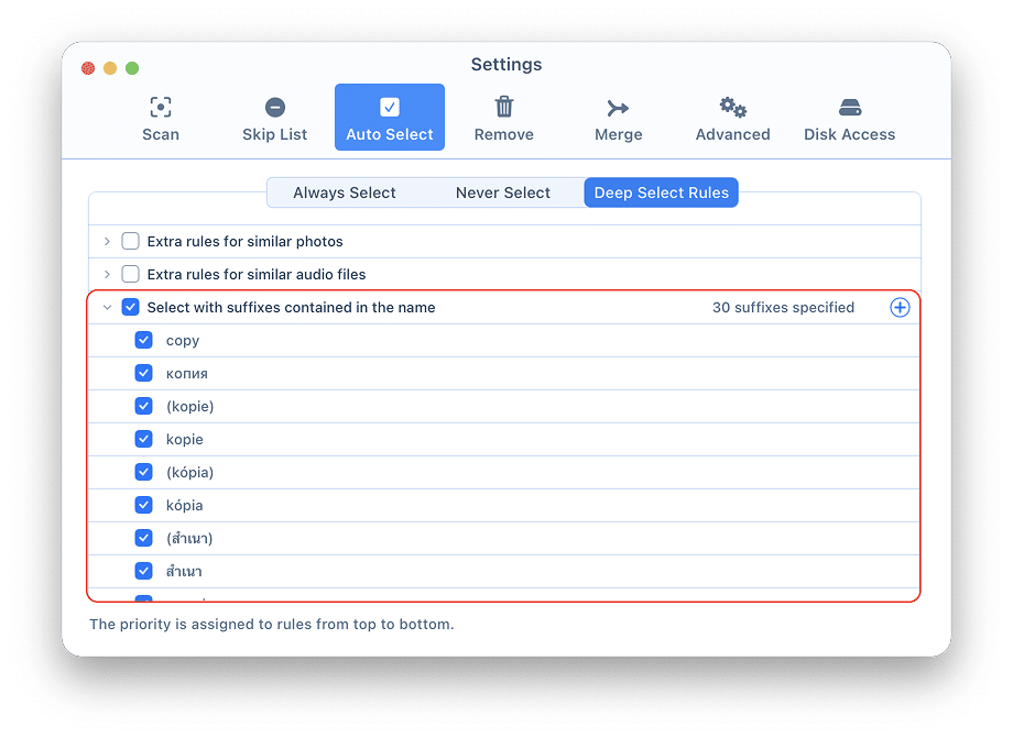 Duplicate finder auto select rules with suffixes